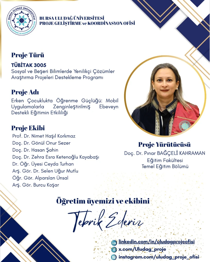 Success in TÜBİTAK 1002-A from our university (Assoc. Prof.  Dr.  Pınar Bağçeli Kahraman)