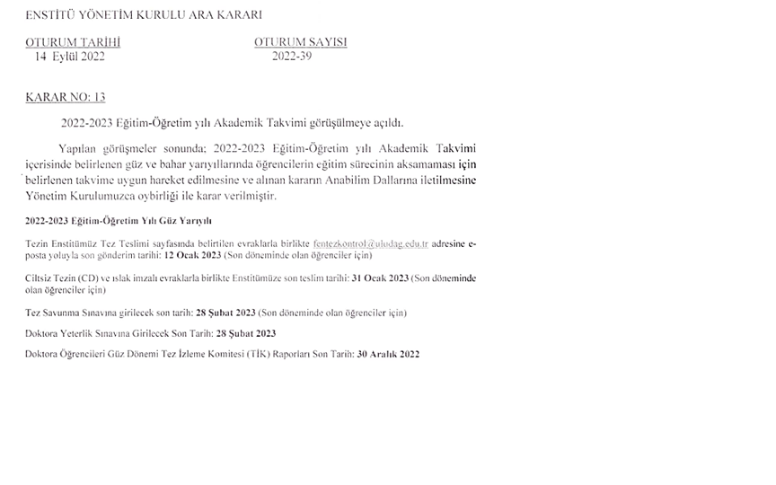  2022-2023 GÜZ-BAHAR Dönemi TEZ TESLİM BİLGİLERİ 