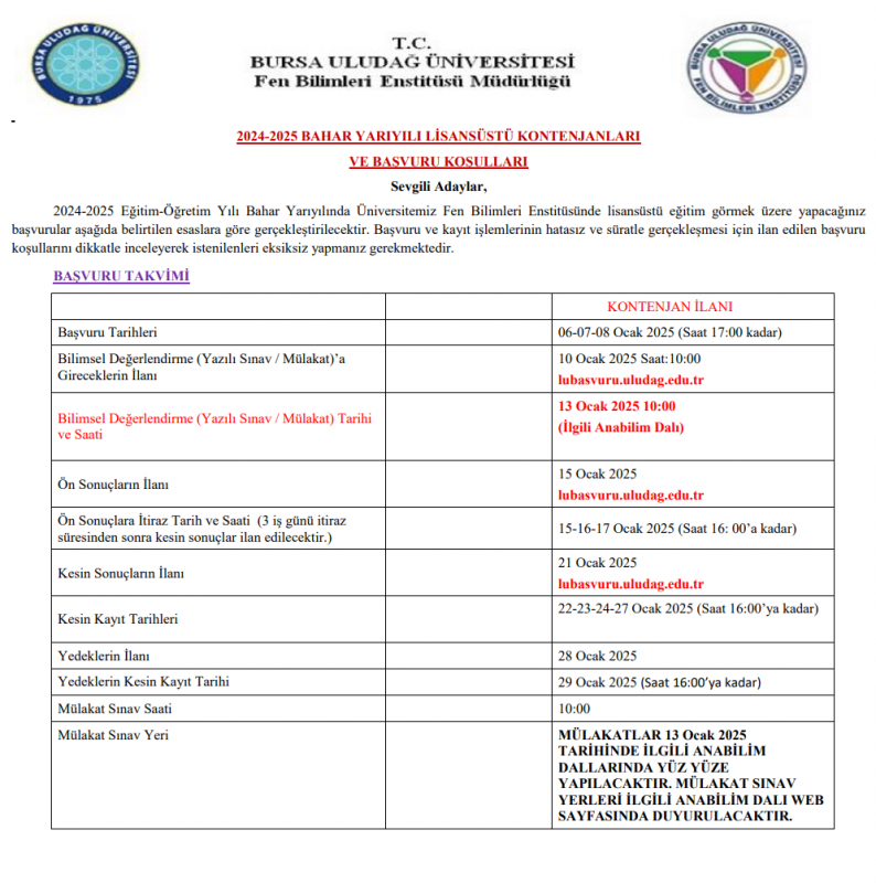 2024-2025 Bahar Yarıyılı Lisansüstü Başvuru tarihleri