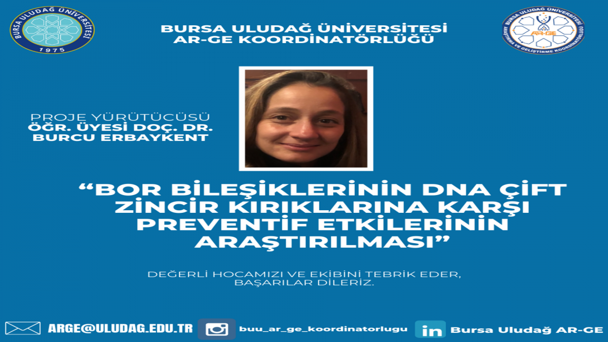 “BOR BİLEŞİKLERİNİN DNA ÇİFT ZİNCİR KIRIKLARINA KARŞI PREVENTİF ETKİLERİNİN ARAŞTIRILMASI” başlıklı B Grubu Ar-Ge projesi desteklenmeye hak kazanmıştır.