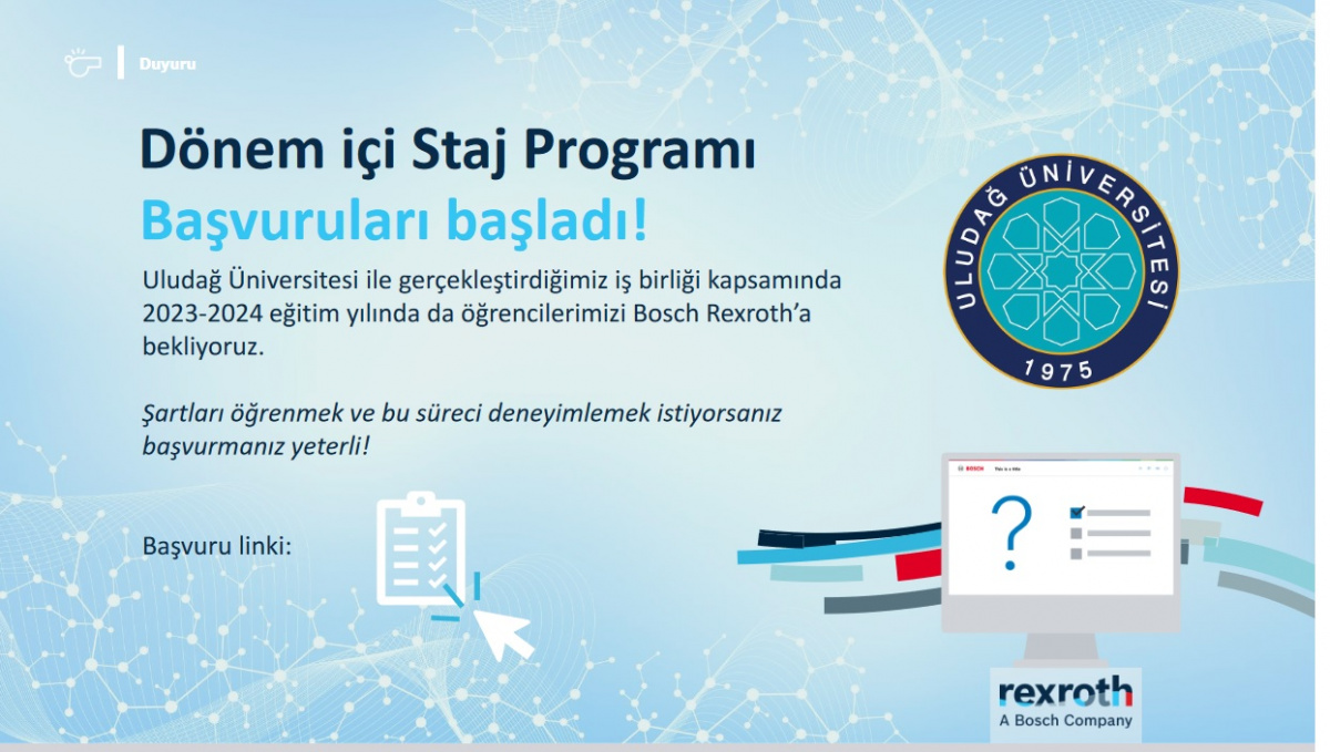  Bursa Uludağ Üniversitesi 2023 -2024 Bosch Rexroth dönem içi staj programı  