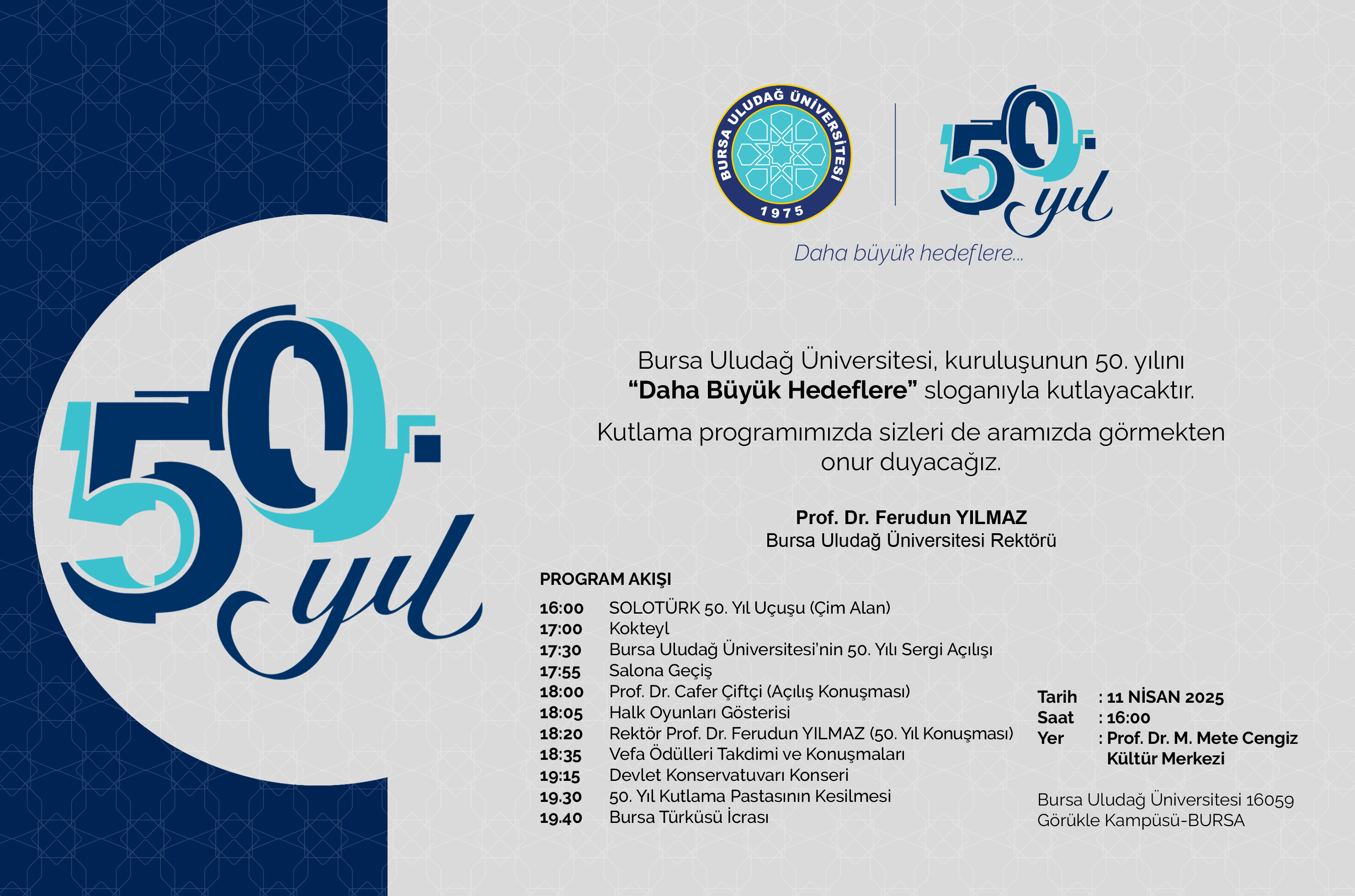 Bursa Uludağ Üniversitesi Kuruluşunun 50. Yılı Kutlama Davetiyesi