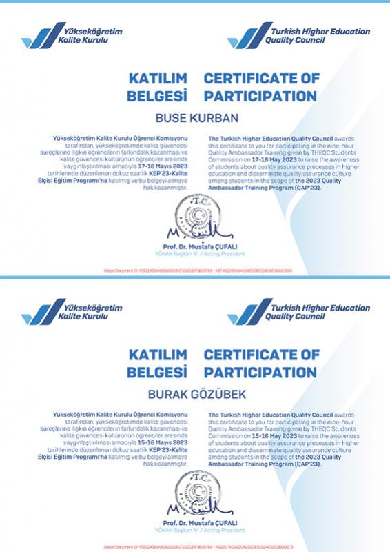 Öğrencilerimizin Kalite Elçisi Eğitim Programı Başarısı