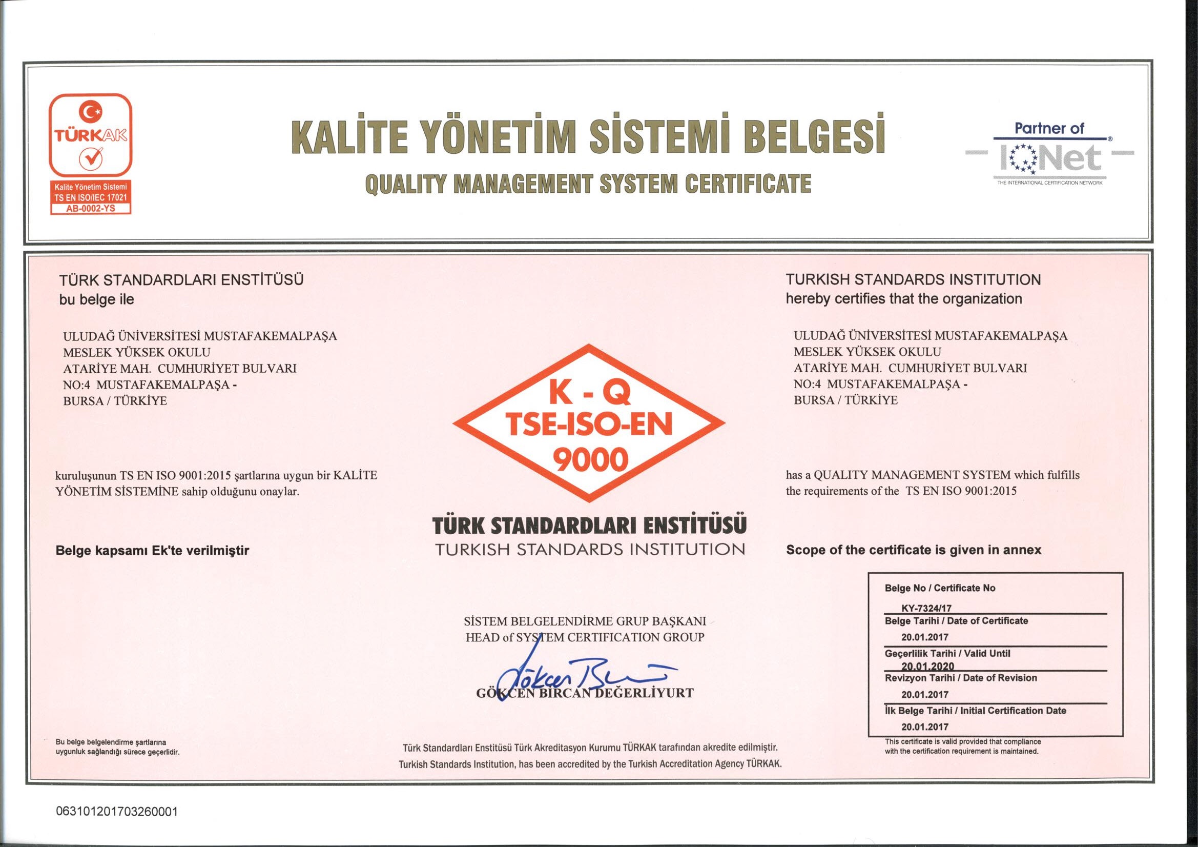  TS EN ISO 9001:2015 Kalite Yönetim Sistemi Belgesini Aldık 