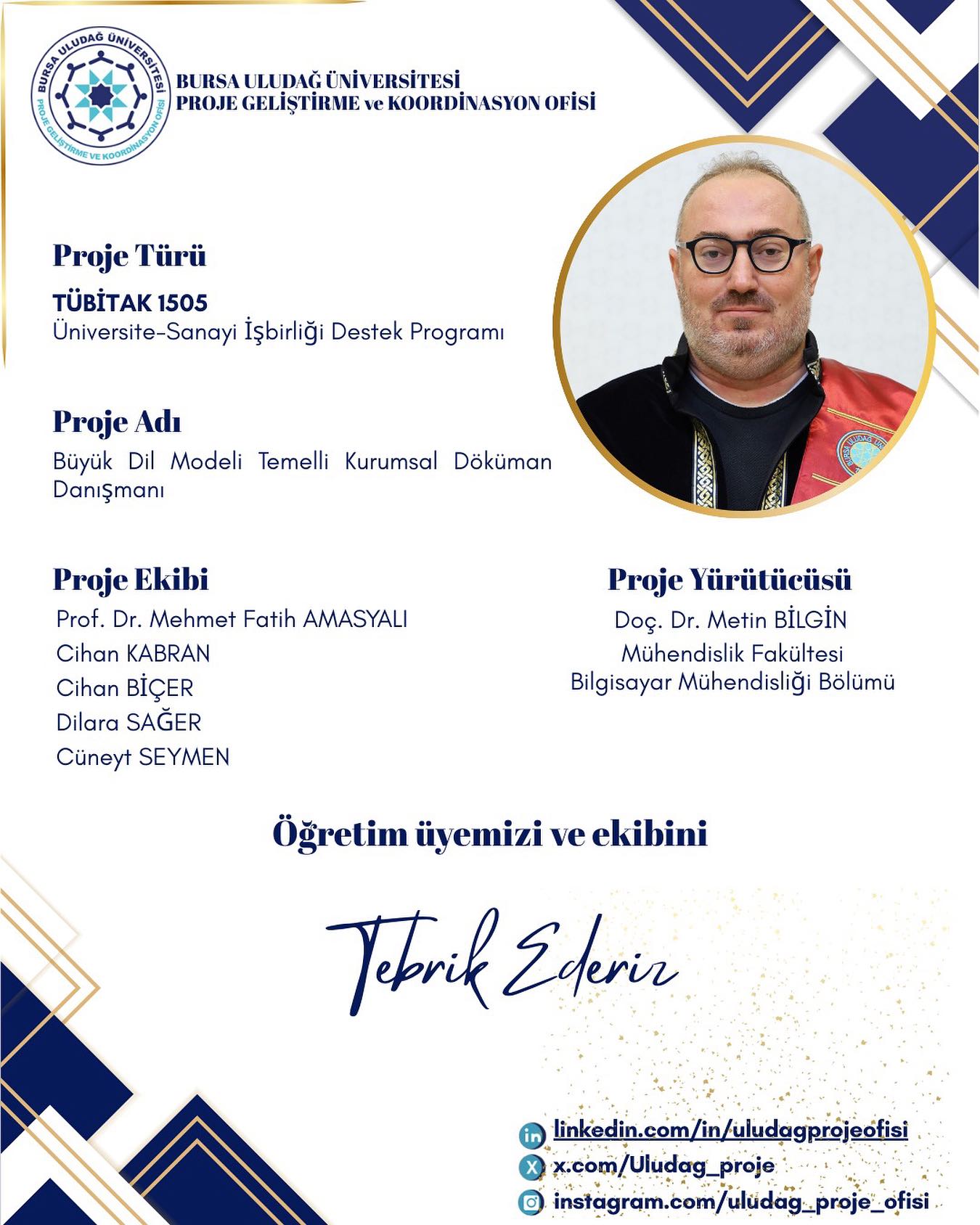 Üniversitemizden TÜBİTAK 1005 Başarısı (Doç. Dr. Metin Bilgin)