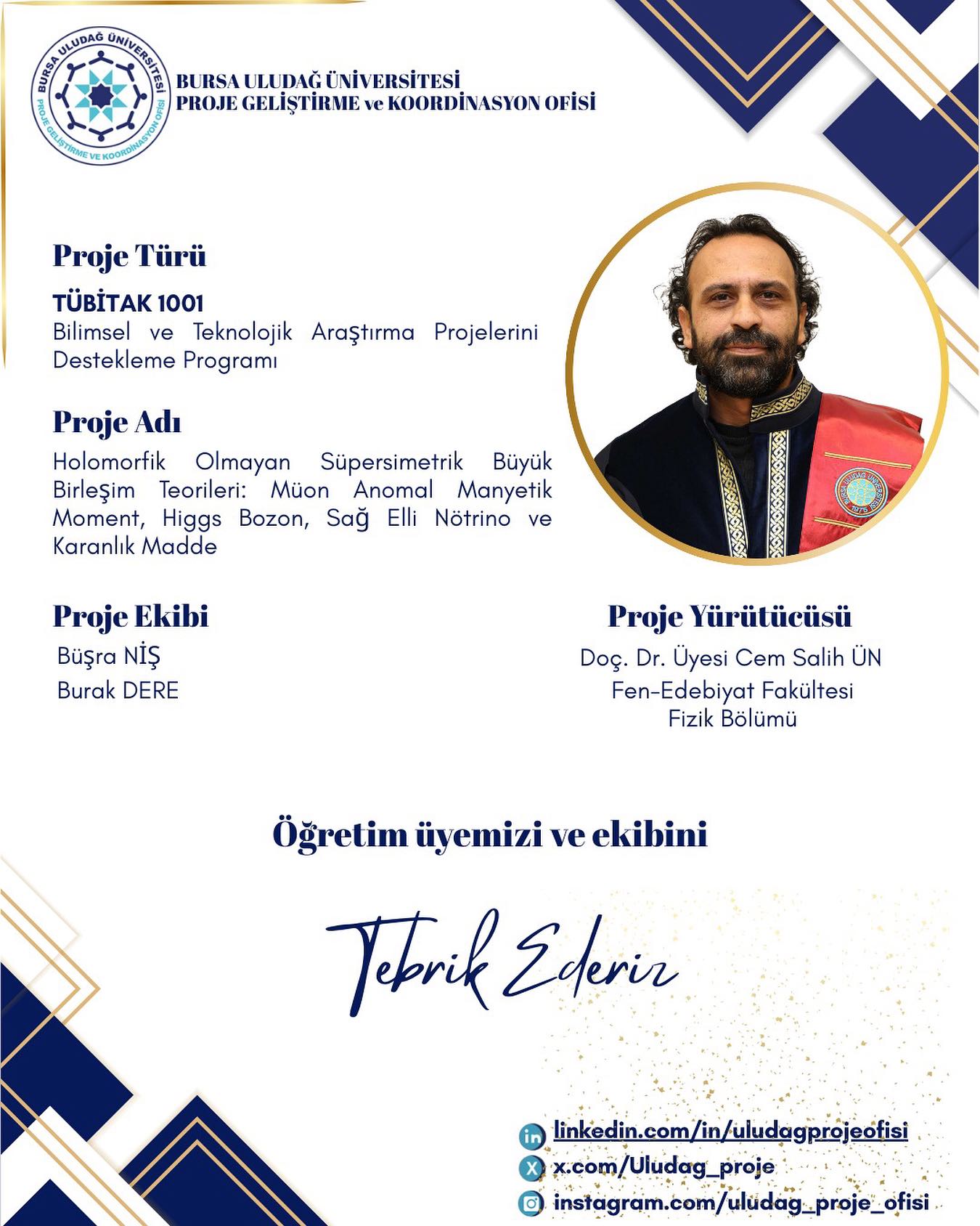 Üniversitemizden TÜBİTAK 1001 Başarısı (Prof. Dr. Cem Salih Ün)