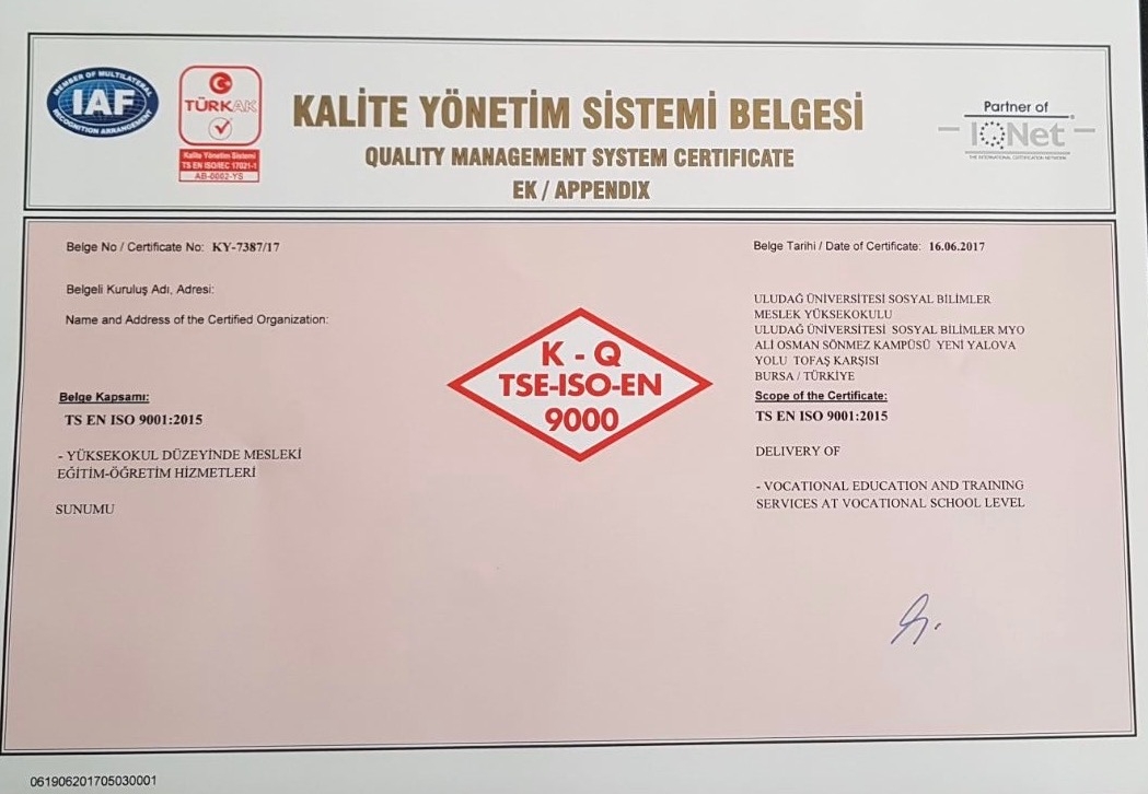  Uludağ Üniversitesi Sosyal Bilimler Meslek Yüksekokulu, TS EN ISO 9001:2015 Belgesini aldı... 
