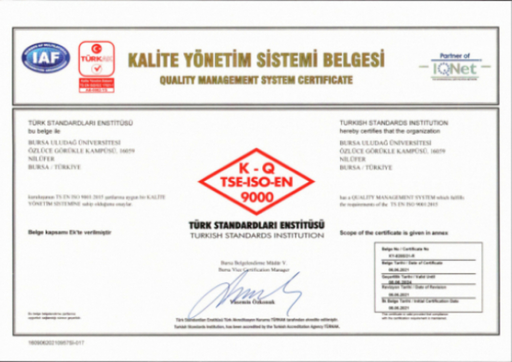  TS EN ISO 9001:2015 KALİTE YÖNETİM SİSTEMİ BELGESİNİ ALDIK 